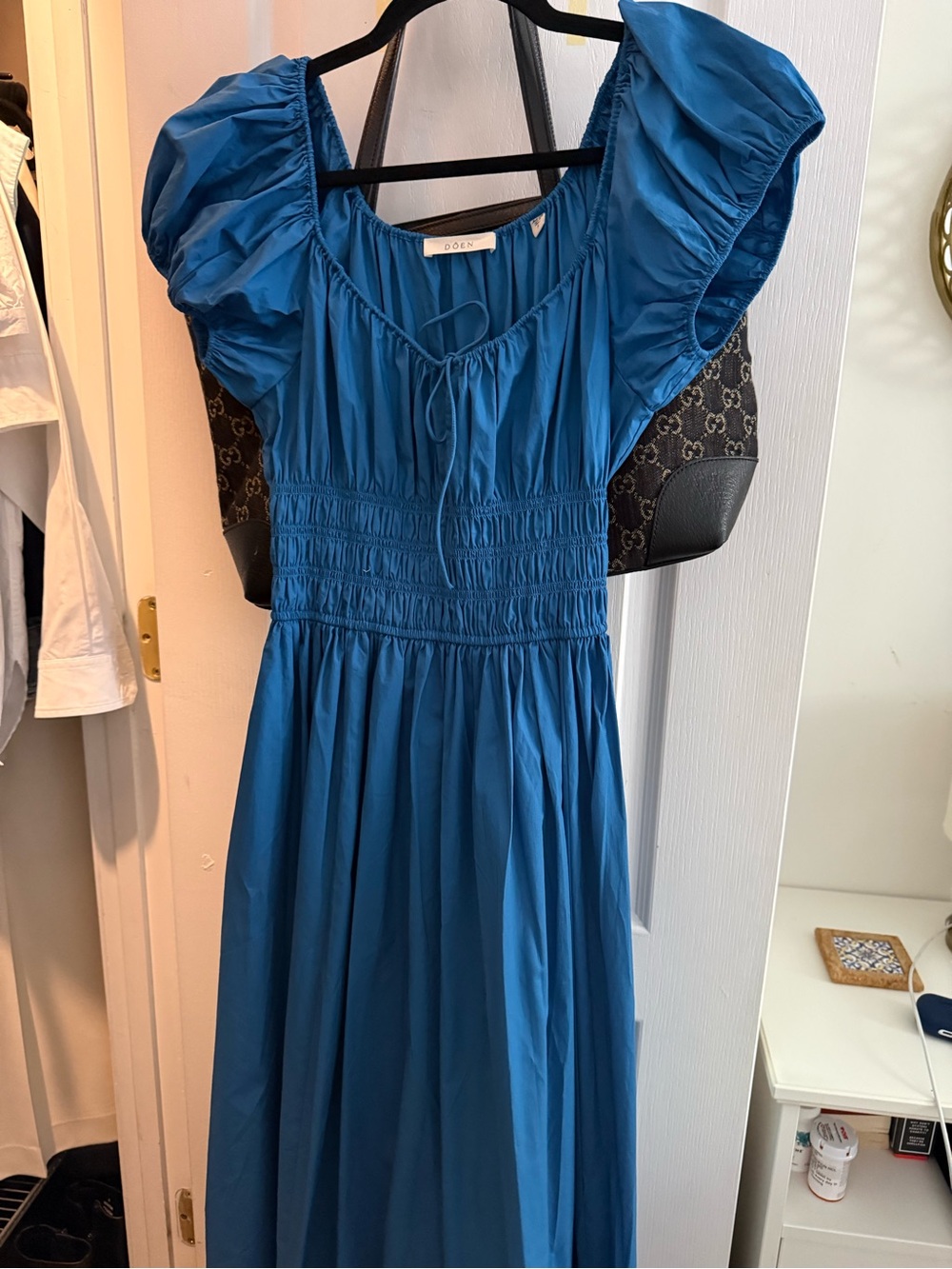 Doen Quinn Blue Puff-Sleeve Midi Dress